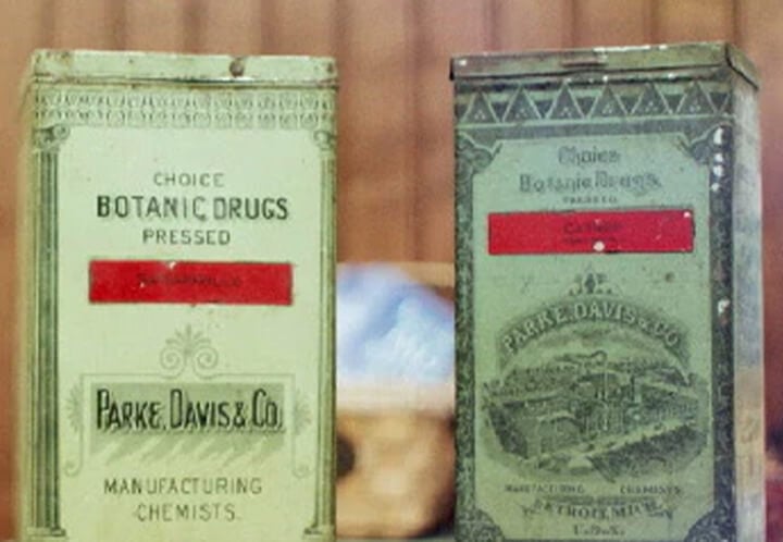 Vintage-Cannabisverpackung von Parke, Davis & Co. aus dem 19. Jahrhundert. Zeigt frühe pharmazeutische Verpackungen vor der Cannabisregulierung.