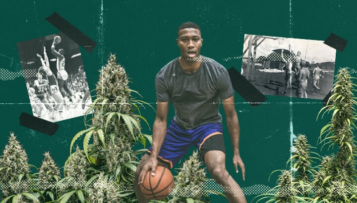 Eine Gruppe von Menschen, die beim Basketballspielen high sind und die Intensität und den Spaß am Spiel genießen, zeigt die lebhafte Atmosphäre von Freizeitsport unter dem Einfluss von Cannabis.