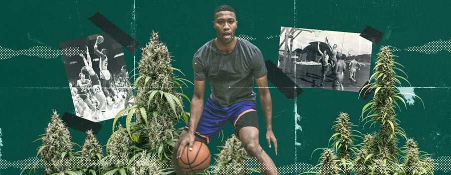 Eine Gruppe von Menschen, die beim Basketballspielen high sind und die Intensität und den Spaß am Spiel genießen, zeigt die lebhafte Atmosphäre von Freizeitsport unter dem Einfluss von Cannabis.