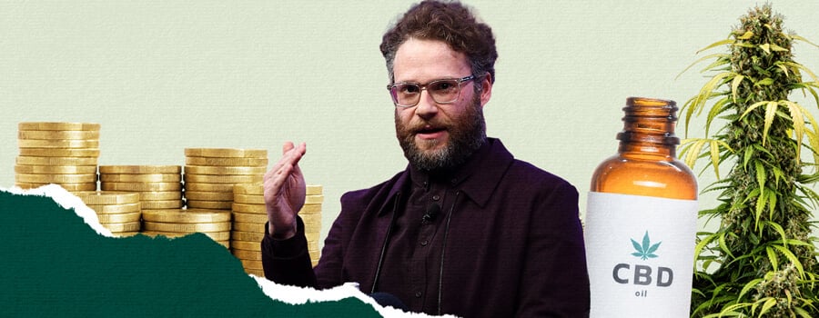 Eine Collage, die Seth Rogen und die Cannabisindustrie hervorhebt, mit einem Stapel Goldmünzen, einer Cannabispflanze, Seth Rogen gestikulierend und einer Flasche CBD-Öl, die das Geschäft und die Kultur von Cannabis symbolisieren.