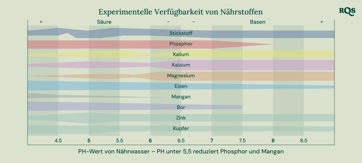 Balkendiagramm, das zeigt, wie der pH-Wert des Bodens die Verfügbarkeit von Nährstoffen für Pflanzen beeinflusst. Die X-Achse reicht von pH 4,5 bis 8,5, während die Y-Achse die relative Verfügbarkeit der Nährstoffe darstellt. Angezeigte Nährstoffe umfassen Stickstoff, Phosphor, Kalium, Kalzium, Magnesium, Eisen, Mangan, Bor, Zink und Kupfer.