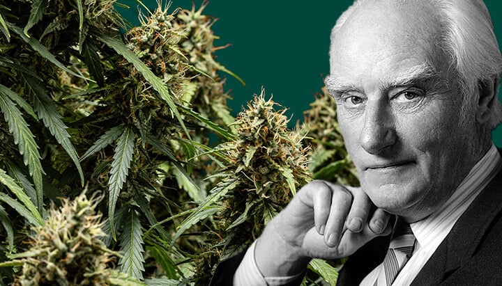 Schwarzweiß-Porträt von Francis Crick, mit der Hand am Kinn, mit Cannabis-Pflanzen zu seiner linken Seite und einem dunkelgrünen Hintergrund.