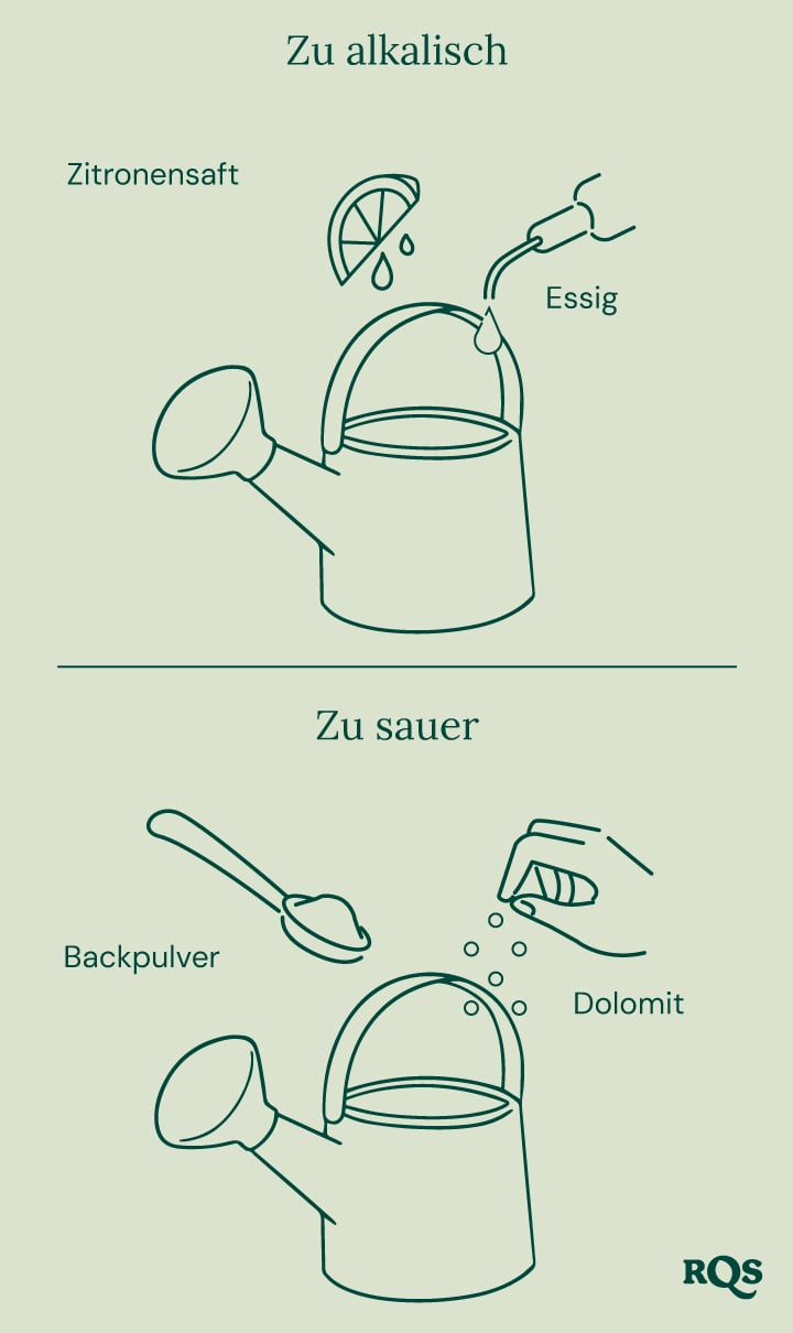 Anleitung zur Anpassung des pH-Werts des Bodens: Zitrone und Essig zur Erhöhung des pH-Werts ('Zu alkalisch'), Natron und Dolomit zur Senkung des pH-Werts ('Zu sauer'). 