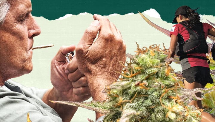 "Eine Collage aus drei Bildern: eines mit Cannabis-bezogenen Motiven, eines, das eine Person beim Rauchen einer Zigarette zeigt, und ein drittes, das eine laufende Person darstellt, symbolisiert verschiedene Lebensstile und Aktivitäten.  "