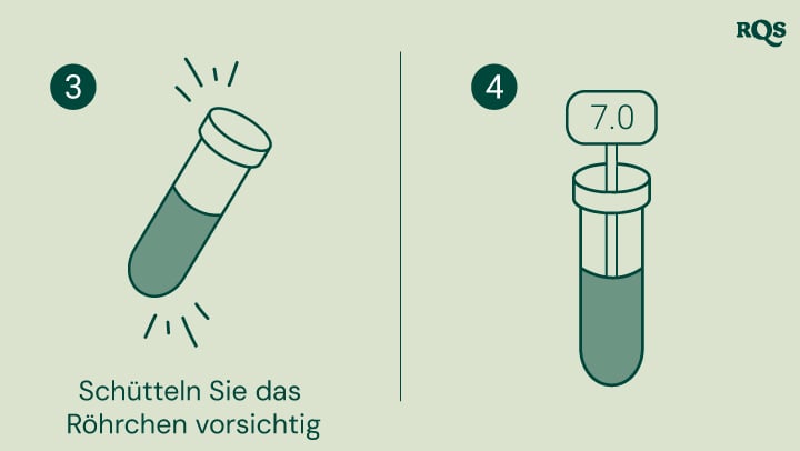 Anleitung zum Testen des pH-Werts des Bodens: Schütteln Sie das Reagenzglas vorsichtig und vergleichen Sie die Farbe der Flüssigkeit mit einem Diagramm, um den pH-Wert des Bodens zu bestimmen. Das Bild zeigt ein Reagenzglas mit einem pH-Wert von 7,0, was auf neutralen Boden hinweist.