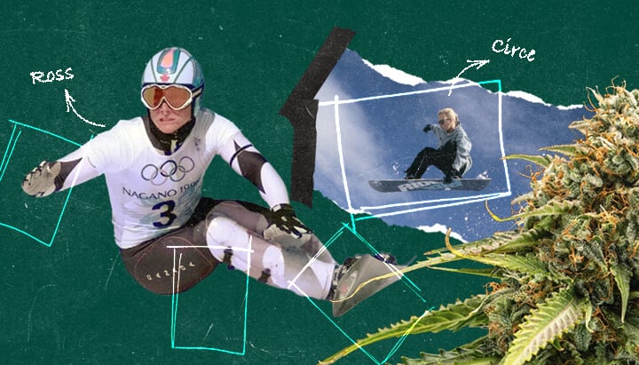 Eine Collage mit den professionellen Snowboardern Ross Rebagliati und Circe Wallace, bekannt für ihr Engagement für Cannabis neben ihrer Snowboardkarriere.