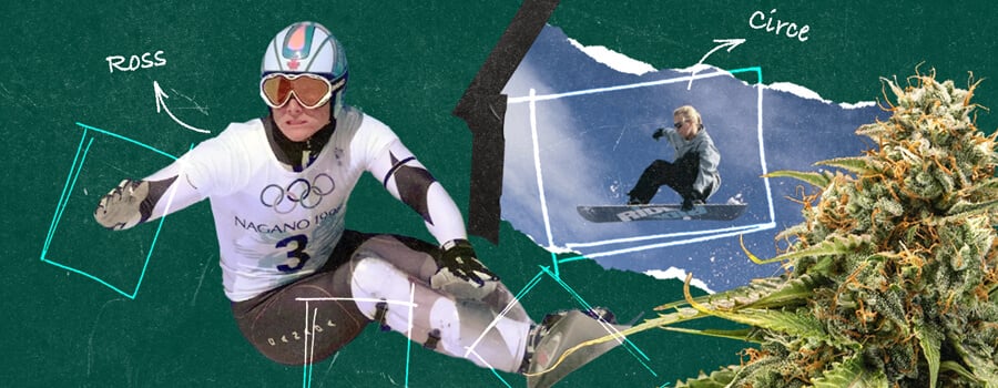 Eine Collage mit den professionellen Snowboardern Ross Rebagliati und Circe Wallace, bekannt für ihr Engagement für Cannabis neben ihrer Snowboardkarriere.