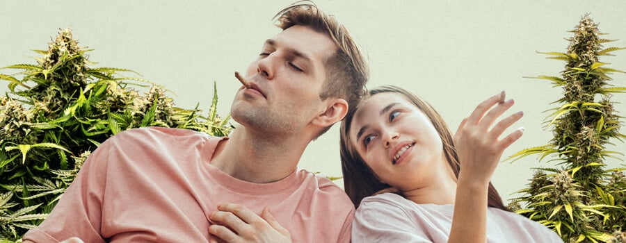 Ein Mann in einem rosa T-Shirt, der einen brennenden Joint raucht, und eine lächelnde Frau in einem weißen T-Shirt entspannen sich zusammen, umgeben von üppigen Cannabispflanzen, die die Verbindung zwischen Cannabiskultur und Entspannung hervorheben.