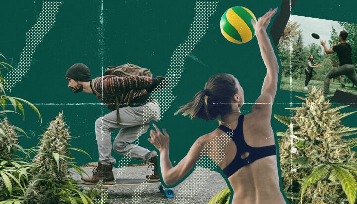 Ein Collage von Menschen, die Ultimate Frisbee, Beachvolleyball und Longboardfahren unter dem Einfluss von Cannabis genießen, zeigt den Spaß und das Lachen, das mit dem Sporteln verbunden ist.