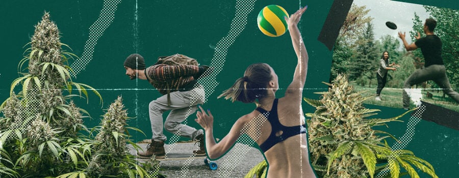 Ein Collage von Menschen, die Ultimate Frisbee, Beachvolleyball und Longboardfahren unter dem Einfluss von Cannabis genießen, zeigt den Spaß und das Lachen, das mit dem Sporteln verbunden ist.