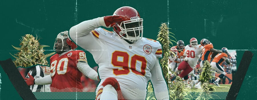  Ein Collage mit Shaun Smith, ehemaliger Spieler der Dallas Cowboys, umgeben von Cannabispflanzen. Das Bild hebt die Verbindung zwischen Cannabiskonsum und Sportleistung hervor.