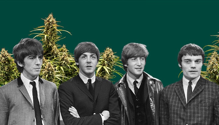 Schwarzweiß-Foto von The Beatles, mit allen vier Mitgliedern, umgeben von Cannabis-Pflanzen und einem dunkelgrünen Hintergrund, das ikonische Szenen hervorhebend.