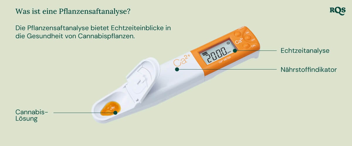 "Ein weißer Pflanzen-Saft-Analyzer mit einem gelben Löffel wird verwendet, um den Nährstoffgehalt in einer Cannabispflanze zu messen. Das Gerät analysiert die Kalzium-, Magnesium- und Kaliumwerte und hilft den Züchtern, die Pflanzenernährung und -gesundheit zu optimieren.  "