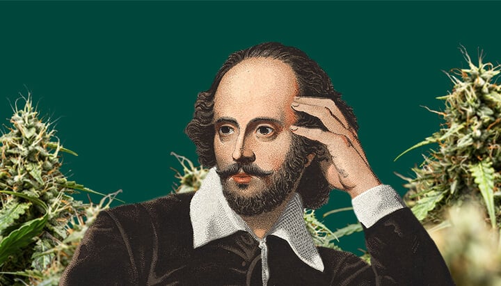 Porträt von William Shakespeare, mit der Hand an der Schläfe, umgeben von üppigen Cannabis-Pflanzen vor einem dunkelgrünen Hintergrund.