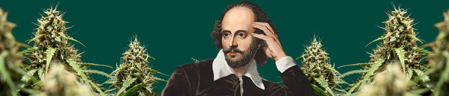 Porträt von William Shakespeare, mit der Hand an der Schläfe, umgeben von üppigen Cannabis-Pflanzen vor einem dunkelgrünen Hintergrund.