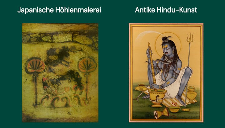 Seitenansicht: eine verblasste Höhlenmalerei einer Figur mit Bäumen und eine lebendige moderne Darstellung von Shiva mit einem Dreizack und Stab.