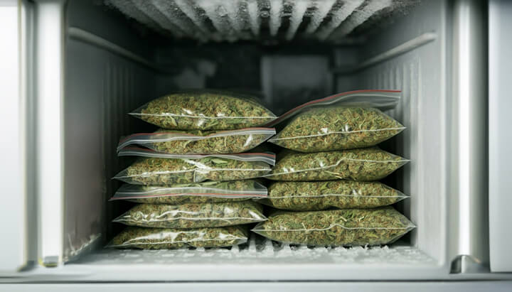 Cannabis wird im Gefrierschrank eingefroren.