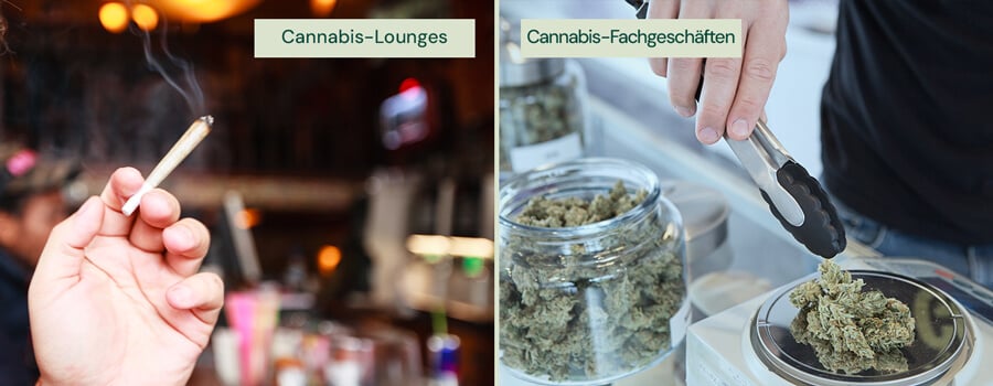 Ein geteiltes Bild zeigt eine Hand, die einen angezündeten Joint in einer Cannabislounge links hält, und eine Person, die mit einer Zange rechts Cannabis aus einem Glas in einer Apotheke auswählt.