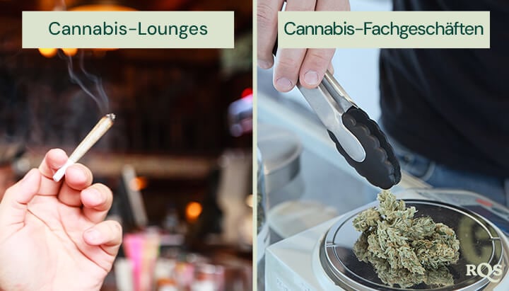 Ein geteiltes Bild zeigt eine Hand, die einen angezündeten Joint in einer Cannabislounge links hält, und eine Person, die mit einer Zange rechts Cannabis aus einem Glas in einer Apotheke auswählt.