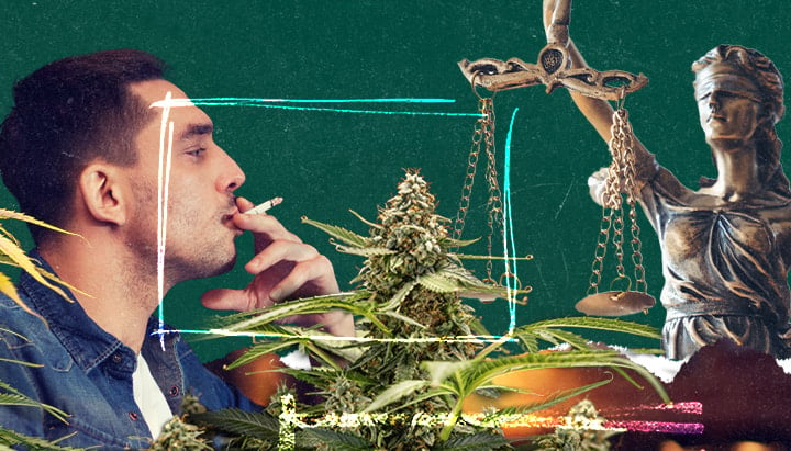 Digitales Collage eines Mannes, der einen Joint raucht, mit Cannabispflanzen und der Justitia mit Waage, als Symbol für Cannabisgesetze. Grüner strukturierter Hintergrund mit Neon-Akzenten.