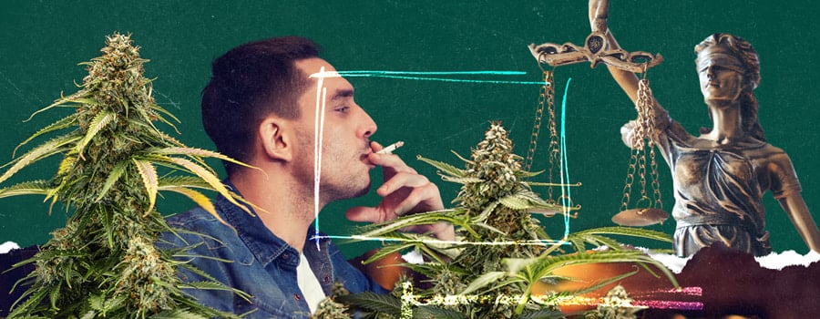 Digitales Collage eines Mannes, der einen Joint raucht, mit Cannabispflanzen und der Justitia mit Waage, als Symbol für Cannabisgesetze. Grüner strukturierter Hintergrund mit Neon-Akzenten.