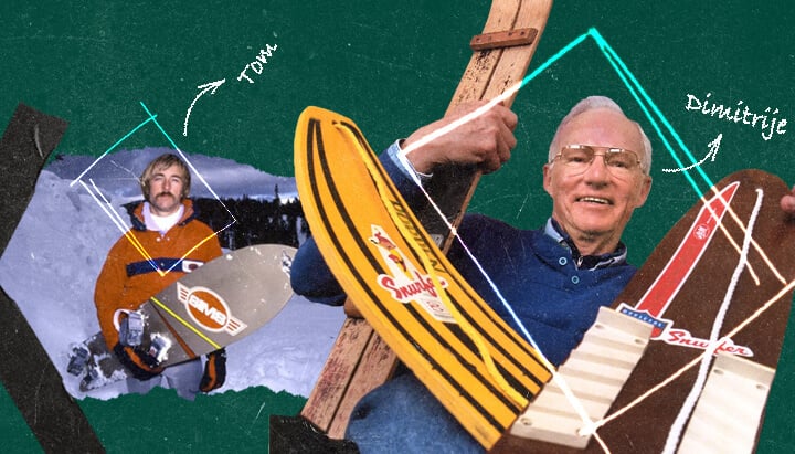 Historischer Collage, der die Entwicklung des Snowboardens zeigt, von seinen bescheidenen Anfängen mit dem Snurfer bis hin zur Olympischen Anerkennung. Vintage-Board-Designs und die Entwicklung der Bindungen sind sichtbar.