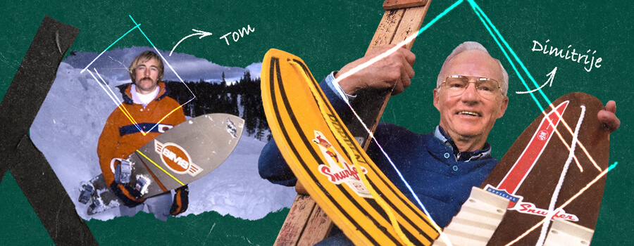 Historischer Collage, der die Entwicklung des Snowboardens zeigt, von seinen bescheidenen Anfängen mit dem Snurfer bis hin zur Olympischen Anerkennung. Vintage-Board-Designs und die Entwicklung der Bindungen sind sichtbar.