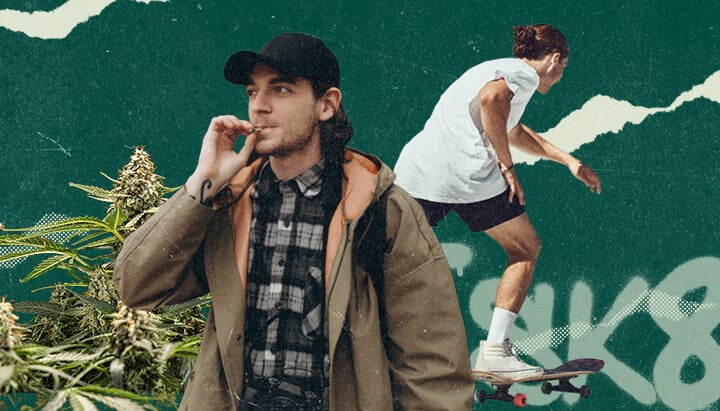 Junger Mann, der einen Cannabisjoint raucht, und ein Skateboarder in Aktion.