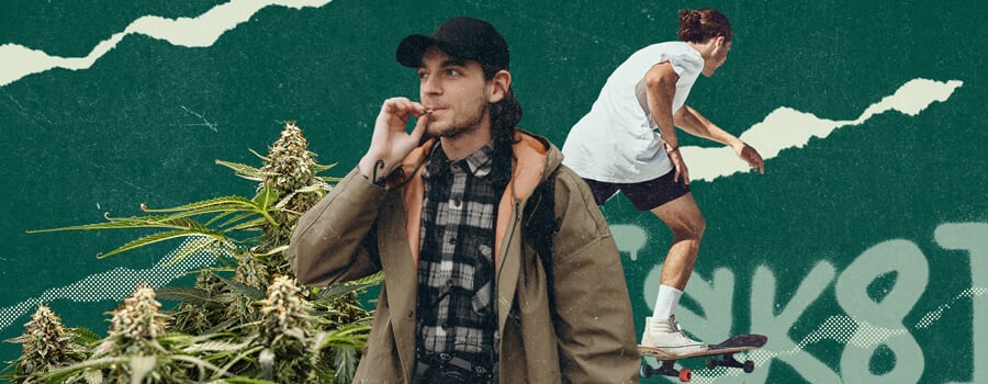 Junger Mann, der einen Cannabisjoint raucht, und ein Skateboarder in Aktion.