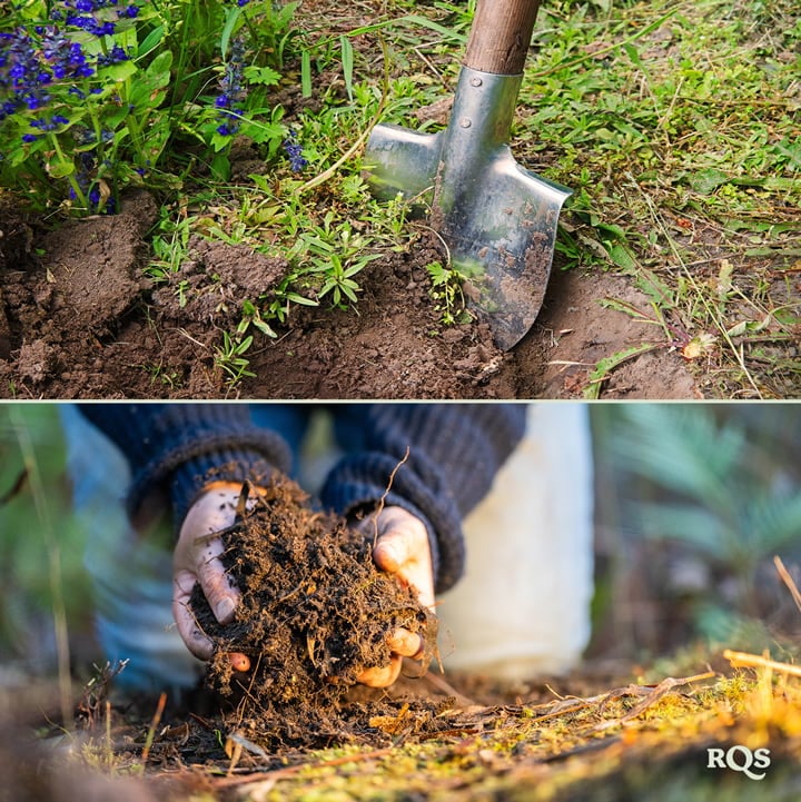 Vergleich von Gartenmethoden: Links Bild des intensiven Gartenbaus in einer strukturierten Anordnung, rechts Bild des extensiven Gartenbaus im offenen Feld.