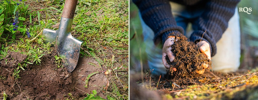 Vergleich von Gartenmethoden: Links Bild des intensiven Gartenbaus in einer strukturierten Anordnung, rechts Bild des extensiven Gartenbaus im offenen Feld.