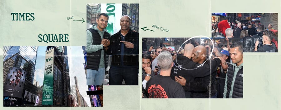 "Ein Collage von Fotos zu Times Square in New York City, mit dem ikonischen Times Square Billboard, einem Foto von Mike Tyson und Bildern von Menschen, die die geschäftige Atmosphäre des Times Square genießen.  "