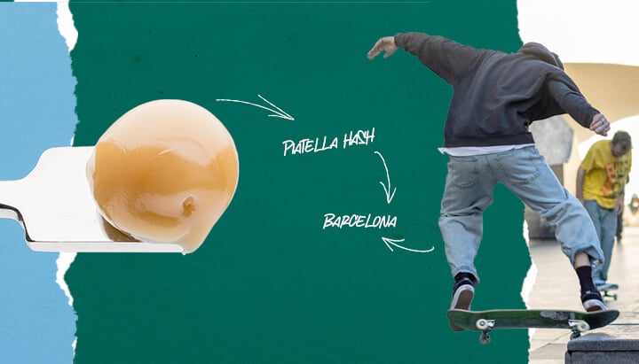 Collage, das eine Haschischplatte auf einem Metallspatel links zeigt und einen Skater, der in Barcelona einen Trick ausführt, rechts.